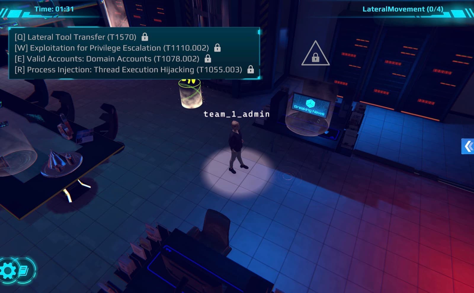 The Cyber Tactical Game: a team member moving through a data centre with MITRE ATT&CK techniques available as timed actions.